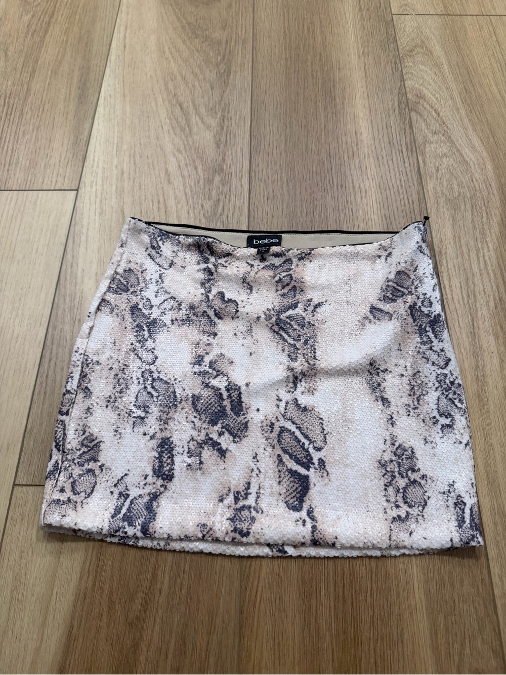 bebe Sequin Snake-Print Mini Skirt in Cream and Black